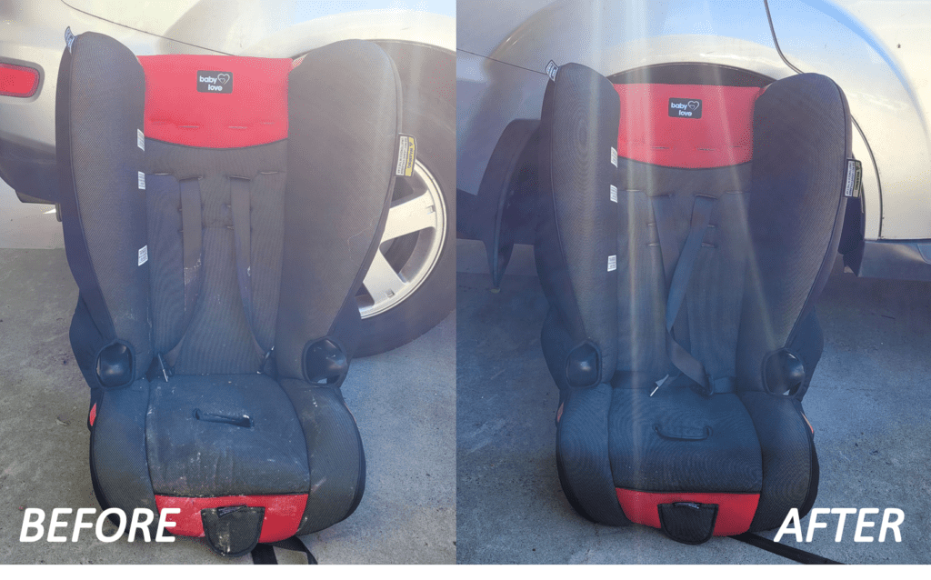 dry steam cleaning child car seat before and after results